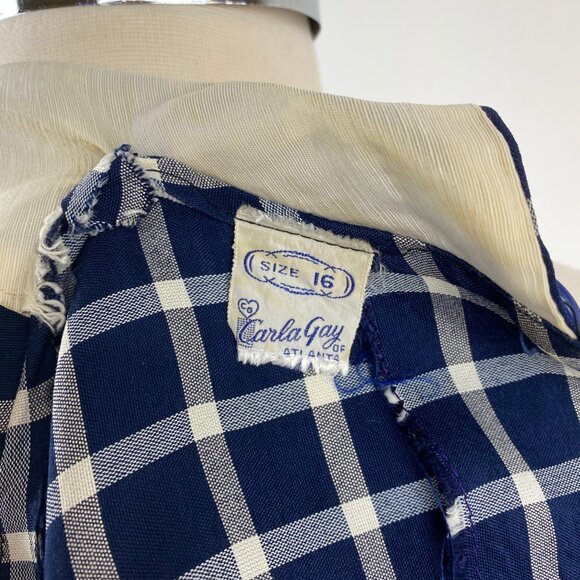 Vintage 60s Two-Piece Dress Straight Skirt Drop Waist Top Medium Blue Check Bow - Picture 11 of 11